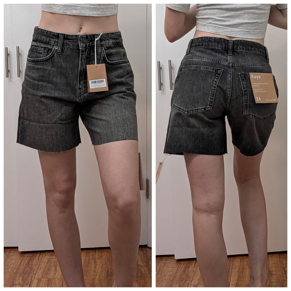 Reformation Raye mid rise denim shorts 100% cotton, washed black, size 24 NEW!